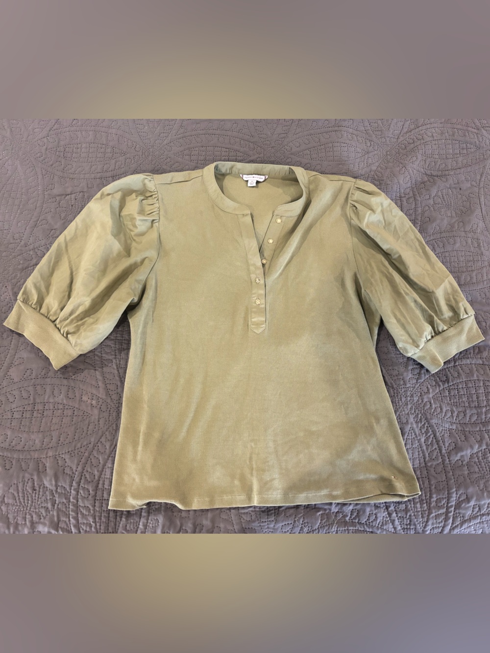 Tommy Hilfiger Olive Green Puff-Sleeve Henley Top